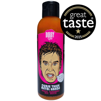 Bottle of Curse These Metal Hands Dobby Club Edition hot sauce by Lou's Brews, featuring a dark label design with metallic accents.