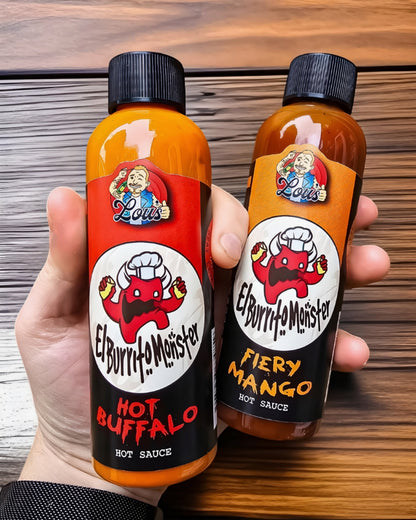 El Burrito Monster Hot Buffalo Sauce bottle from Lou's Brews, featuring vibrant label and spicy sauce inside.