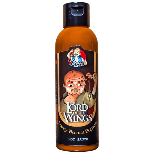 Bottle of Lou's Brews Lord of the Wings Honey Butter Buffalo sauce, a spicy and sweet condiment for wings and snacks