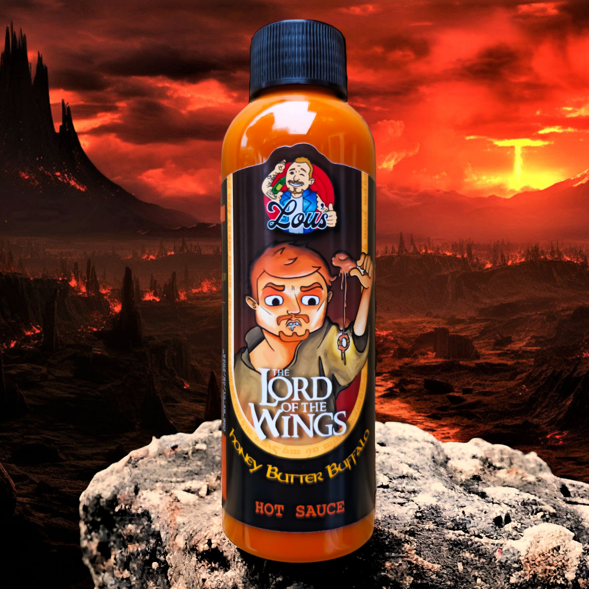 Bottle of Lou's Brews Lord of the Wings Honey Butter Buffalo sauce, a spicy and sweet condiment for wings and snacks.
