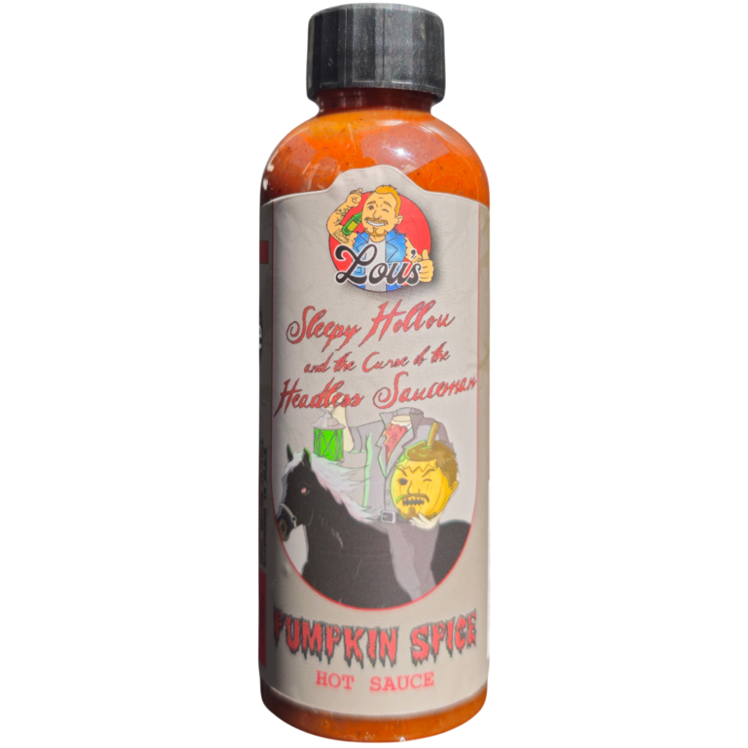 Pumpkin spice hot sauce bottle from Lou's Brews featuring Sleepy Hollou & The Curse of the Headless Sauceman label, condiments and sauces.