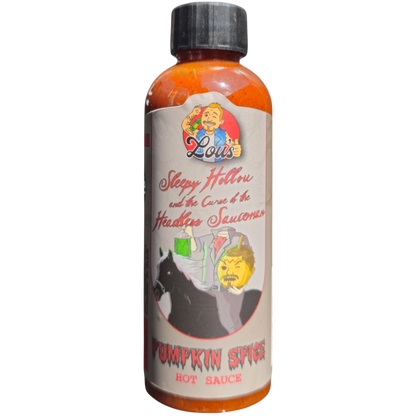 Pumpkin spice hot sauce bottle from Lou's Brews featuring Sleepy Hollou & The Curse of the Headless Sauceman label, condiments and sauces.
