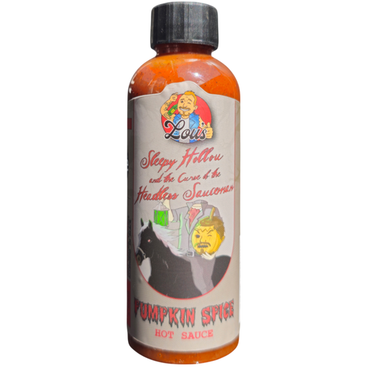 Pumpkin spice hot sauce bottle from Lou's Brews featuring Sleepy Hollou & The Curse of the Headless Sauceman label, condiments and sauces.
