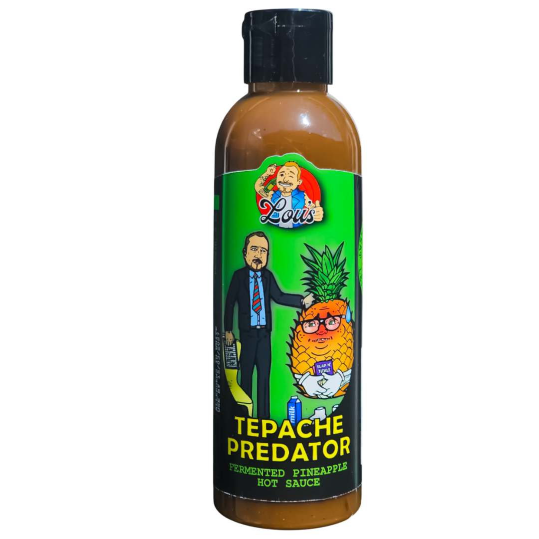 Tepache Predator hot sauce by Lou's Brews featuring fermented pineapple and jalapeno in a glass bottle, ready for condiments use.