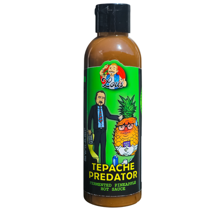 Tepache Predator hot sauce by Lou's Brews featuring fermented pineapple and jalapeno in a glass bottle, ready for condiments use.