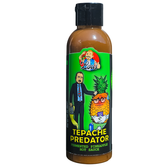Tepache Predator hot sauce by Lou's Brews featuring fermented pineapple and jalapeno in a glass bottle, ready for condiments use.