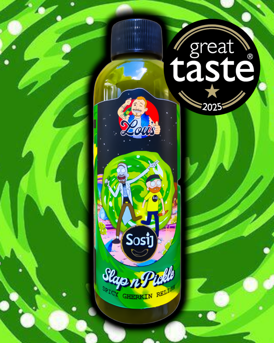 Lou's x Sosij Slap n' Pickle hot sauce bottle with colorful label, showcasing vibrant graphics and branding.