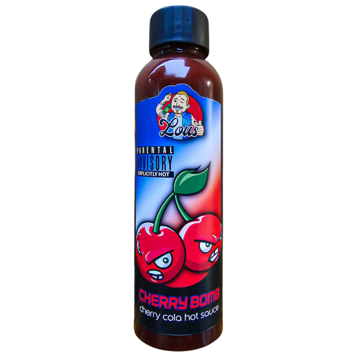 Cherry Bomb XX Hot Cherry Cola Hot Sauce by Lou's Brews, showing a vibrant bottle with red and black label and fiery sauce inside.