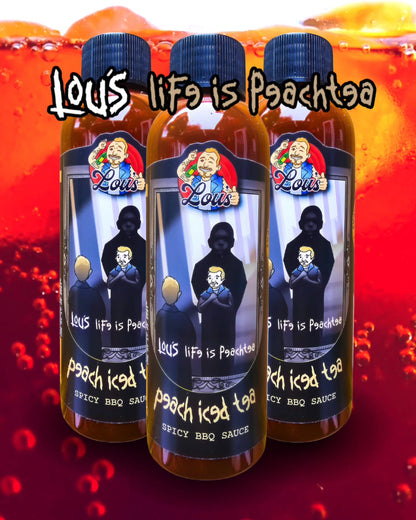 Life Is Peach Tea Peach Iced Tea Hot BBQ Sauce bottle from Lou's Brews, featuring vibrant label and sauce inside, perfect for grilling.