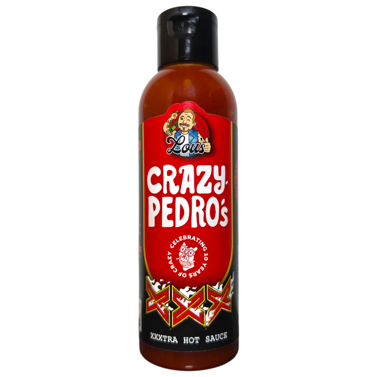 Lou's Brews x Crazy Pedros XXX hot sauce bottle with label and vibrant packaging, showcasing spicy condiment and branding details.