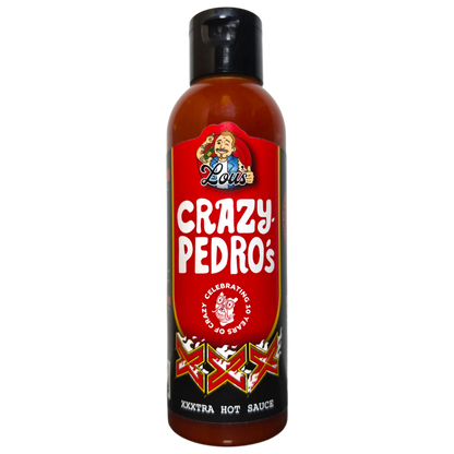 Lou's Brews x Crazy Pedros XXX hot sauce bottle with label and vibrant packaging, showcasing spicy condiment and branding details.
