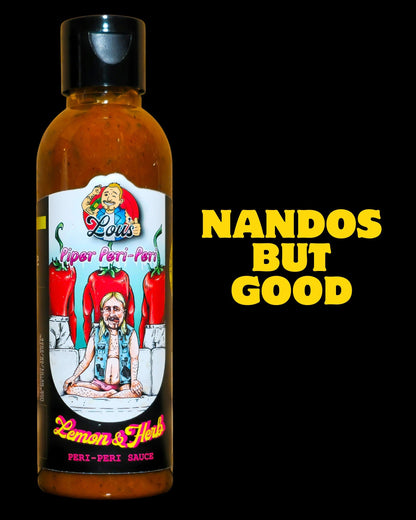 Lou's Brews Piper Peri Peri Lemon & Herb Hot Sauce bottle, spicy condiment with lemon and herb ingredients in a glass bottle.
