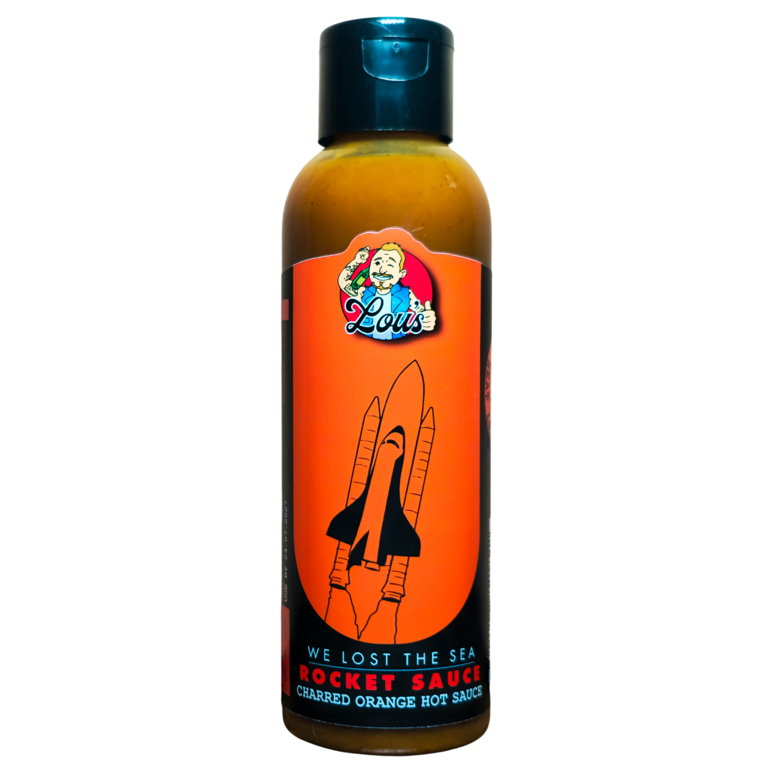 Lou's Brews Rocket Sauce Charred Orange condiment bottle, hot sauce with vibrant orange label and fiery appearance.