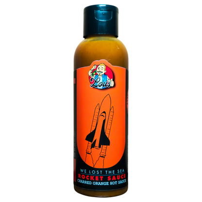 Lou's Brews Rocket Sauce Charred Orange condiment bottle, hot sauce with vibrant orange label and fiery appearance.