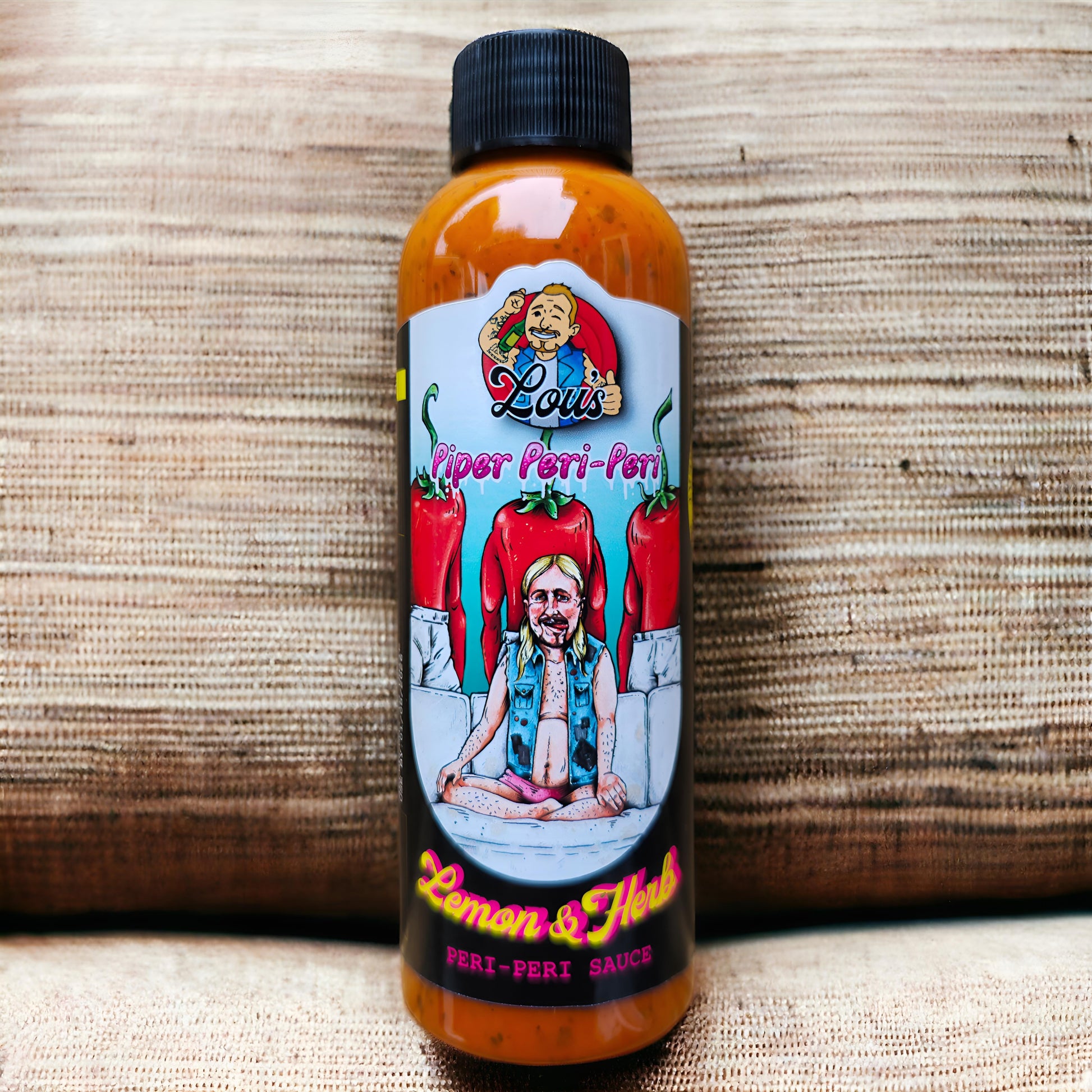 Lou's Brews Piper Peri Peri Lemon & Herb Hot Sauce bottle, vibrant label with spicy sauce inside, condiments and sauces product.