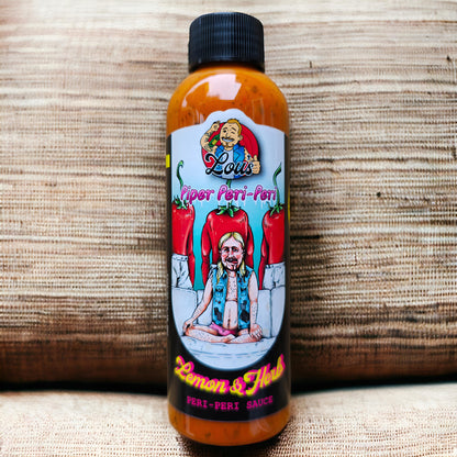 Lou's Brews Piper Peri Peri Lemon & Herb Hot Sauce bottle, vibrant label with spicy sauce inside, condiments and sauces product.