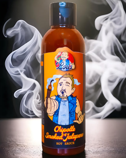 Lou's Brews Chipotle Smoked Jalapeno Hot Sauce bottle, spicy condiment with smoky flavor in a glass bottle.