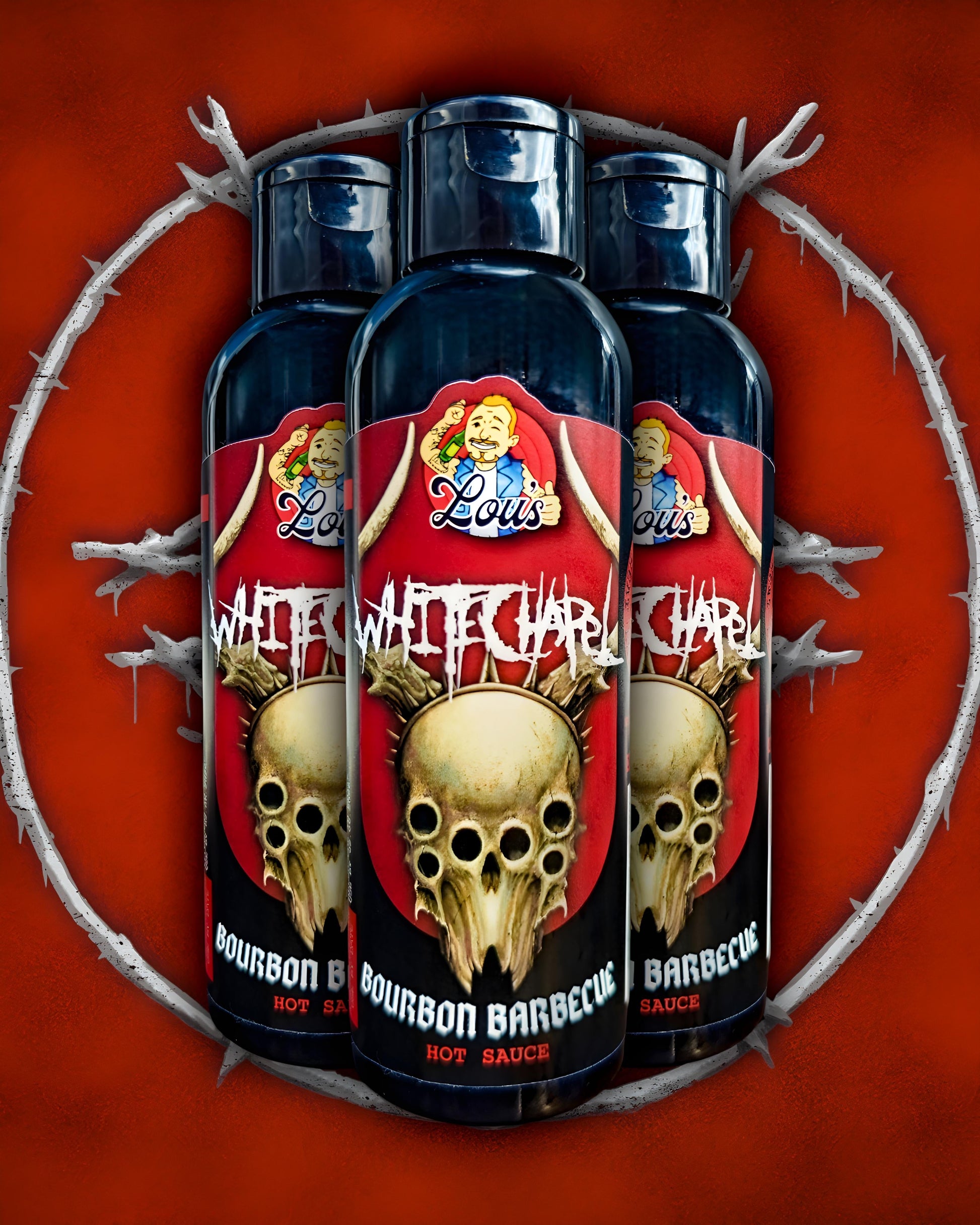 Whitechapel x Lou's Bourbon Barbecue hot sauce bottle from Lou's Brews, with white label and dark liquid inside.