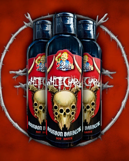 Whitechapel x Lou's Bourbon Barbecue hot sauce bottle from Lou's Brews, with white label and dark liquid inside.