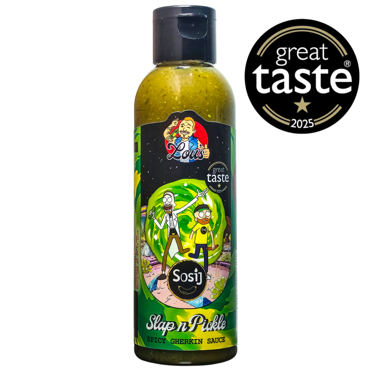 Lou's x Sosij Slap n' Pickle hot sauce bottle with label featuring vibrant design and product details, from Lou's Brews.
