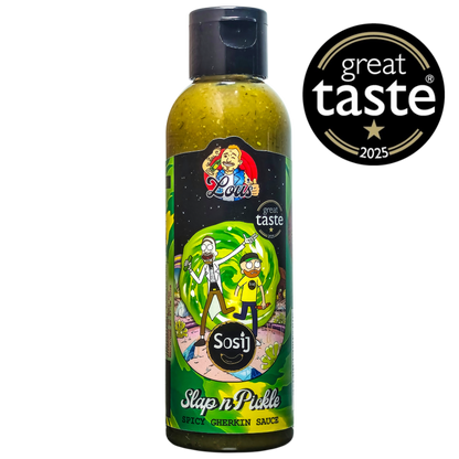Lou's x Sosij Slap n' Pickle hot sauce bottle with label featuring vibrant design and product details, from Lou's Brews.