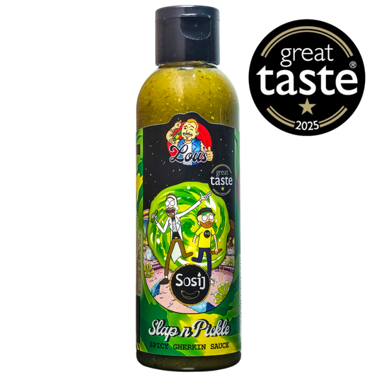 Lou's x Sosij Slap n' Pickle hot sauce bottle with label featuring vibrant design and product details, from Lou's Brews.