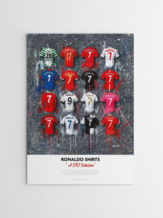Limited edition signed print of Ronaldo shirts by Terry Kneeshaw Art, featuring detailed artwork of collectible sports memorabilia.