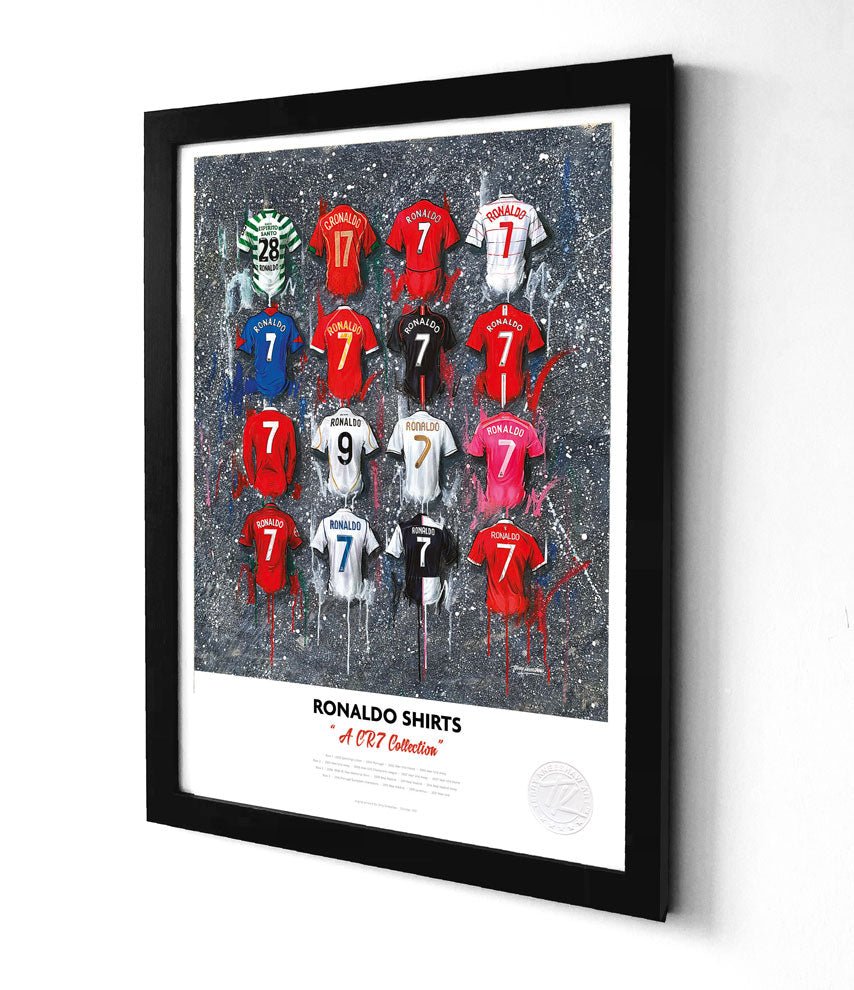 Limited edition Cristiano Ronaldo football legend A3 framed print by Terry Kneeshaw Art featuring Ronaldo's iconic shirt design.