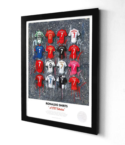 Limited edition Cristiano Ronaldo football legend A3 framed print by Terry Kneeshaw Art featuring Ronaldo's iconic shirt design.