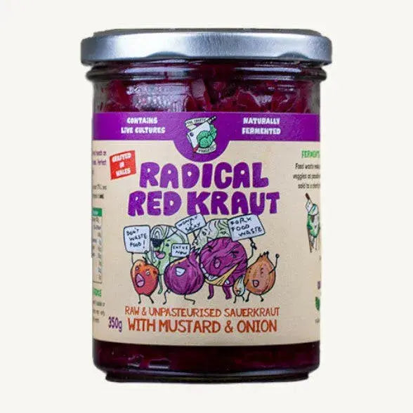 Radical Red Kraut 350g sauerkraut jar by Crafty Pickle Co. with vibrant red cabbage and fermented cabbage slices visible inside.