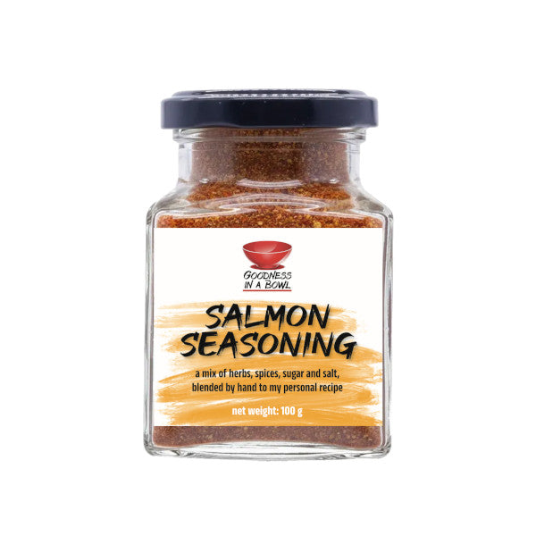 Salmon seasoned with Goodness in a Bowl salmon seasoning rub, showing a close-up of the spice blend on the fish.