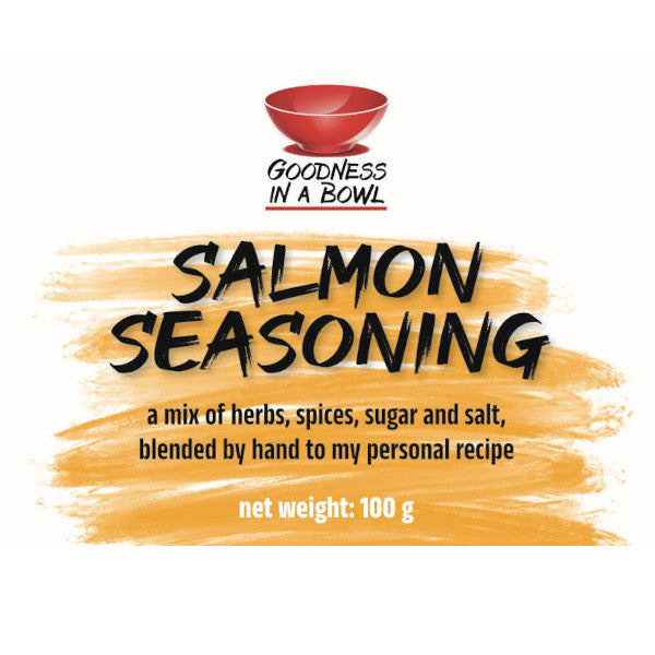 Salmon seasoning rub by GOODNESS IN A BOWL in a jar, featuring herbs and spices for flavorful fish preparation.