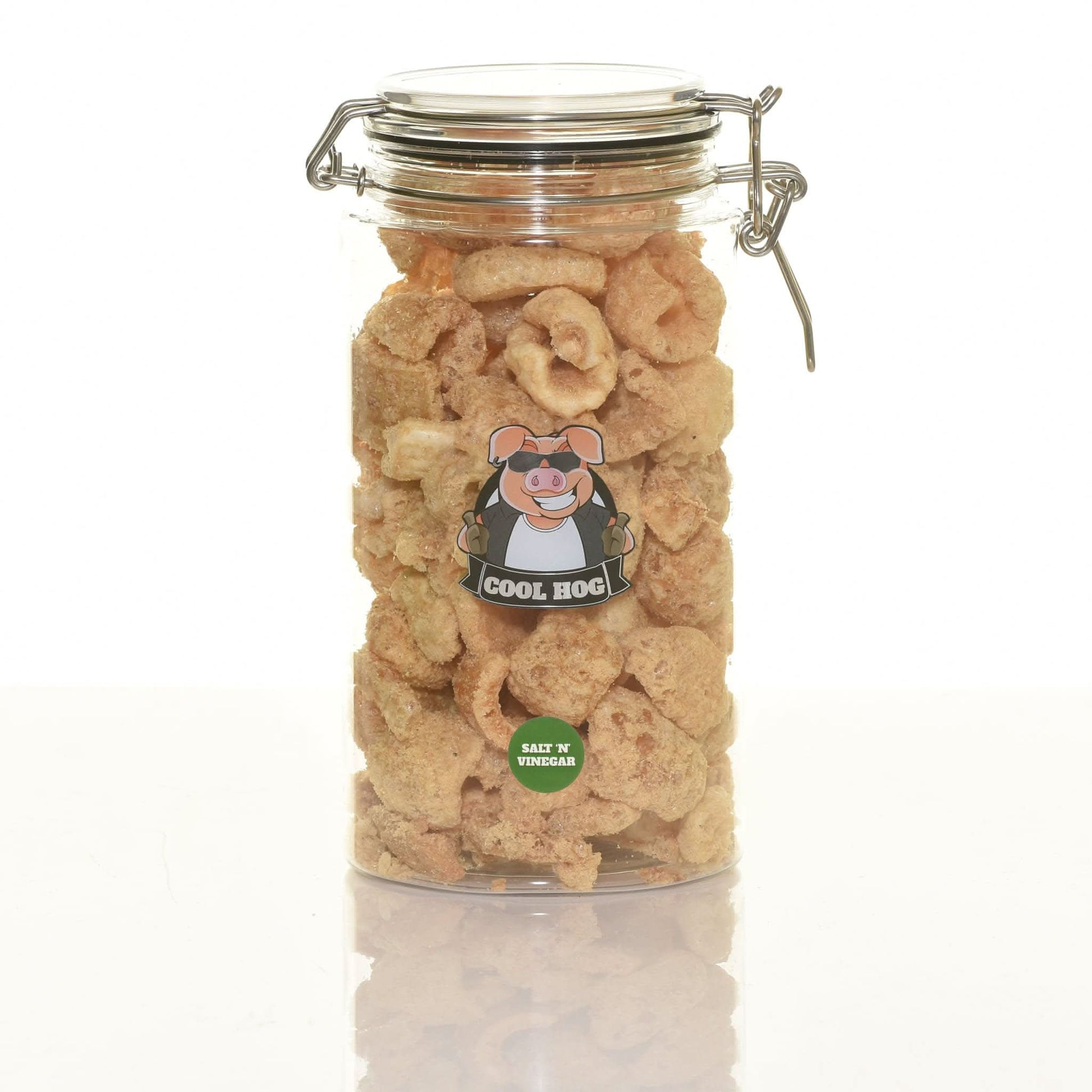 Salt and vinegar flavor pork scratching jar by Cool Hog Snacks with visible jar and label on a plain background.