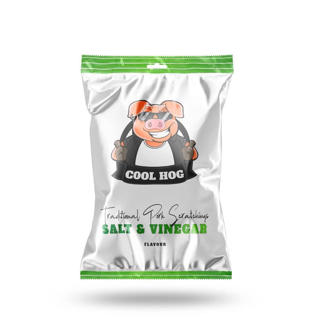 Salt and vinegar flavored traditional pork scratchings by Cool Hog Snacks, crispy, seasoned pork cracklings in a savory snack.