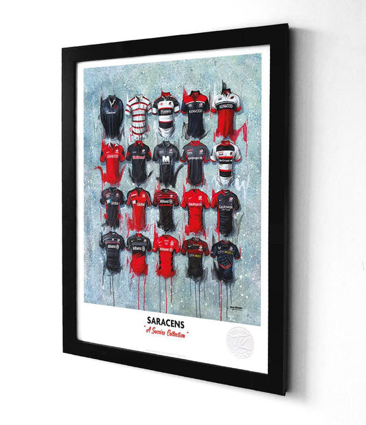 Limited edition Saracens A3 framed print featuring iconic rugby shirt wall art by Terry Kneeshaw Art.