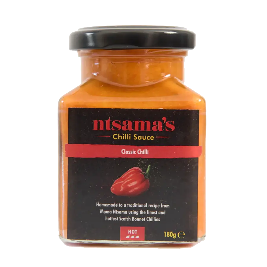 Bottle of Ntsama.co.uk Classic Sauce with a white label, showcasing the product's rich texture and vibrant color.