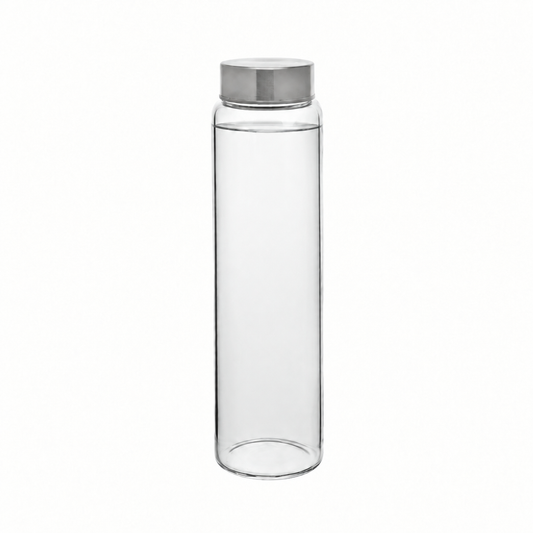 Clear 1-liter screw top glass bottle filled with water, made by Glassware UK, showcasing a sleek, transparent container for beverages.