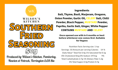 Wilson’s Kitchen Southern Fried Seasoning jar with a label, perfect for flavorful frying and cooking ingredients.