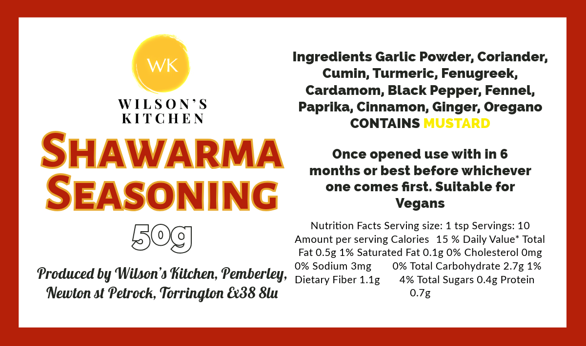 Wilson’s Kitchen Shawarma Seasoning in a jar, aromatic spices for flavorful shawarma cooking, cooking ingredients for Middle Eastern cuisine