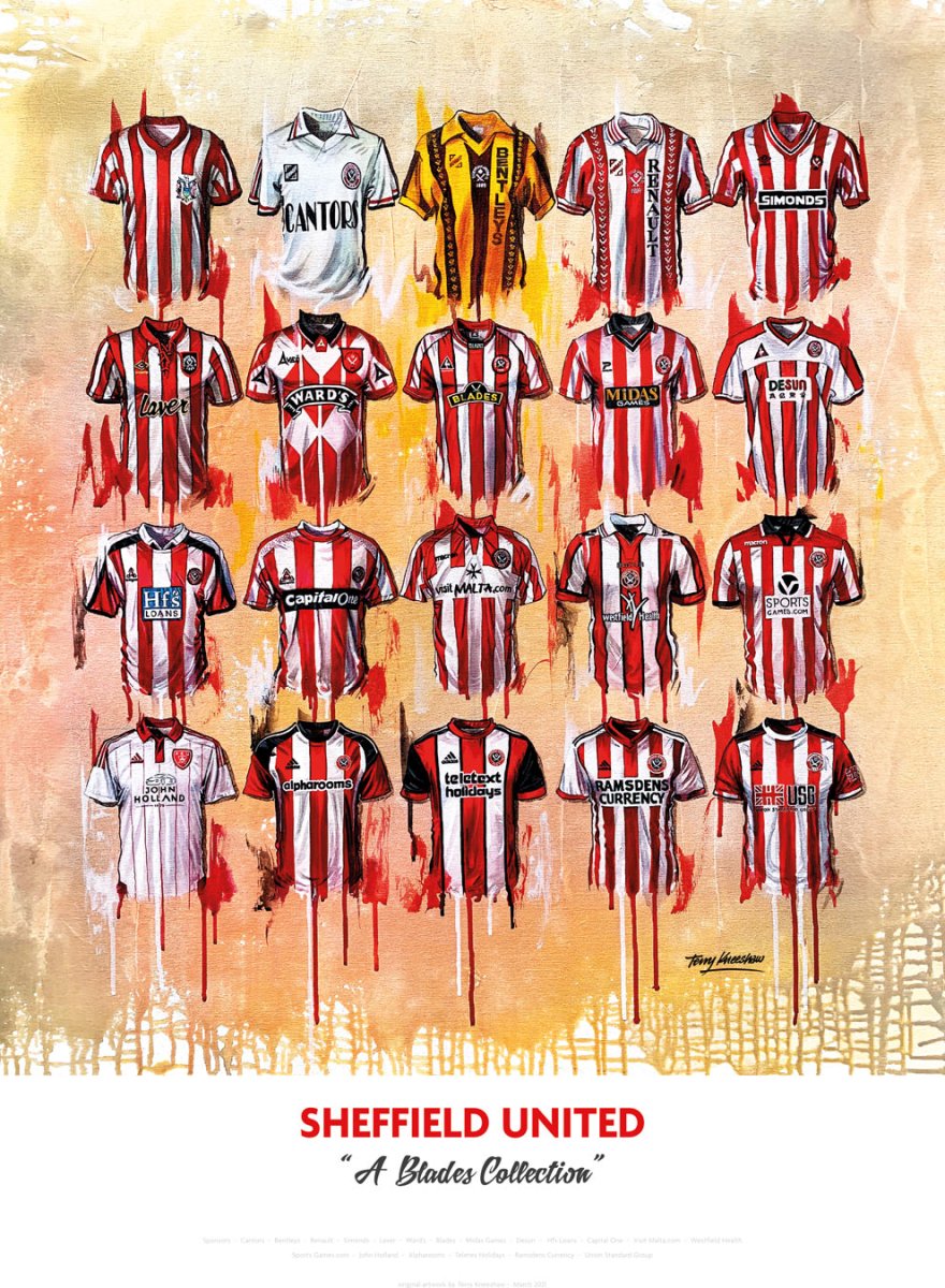 Limited edition A2 Sheffield United FC shirt print signed by Terry Kneeshaw Art, collectible football memorabilia.