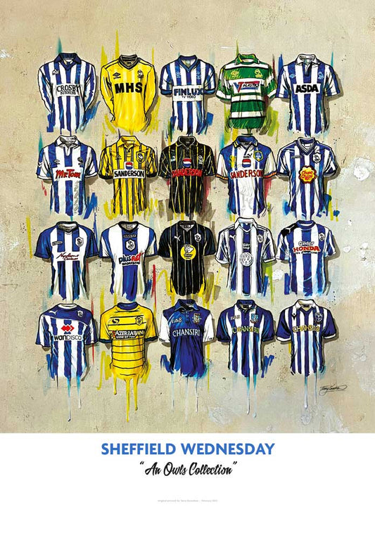 Limited edition A2 signed Sheffield Wednesday FC shirts print by Terry Kneeshaw Art, showcasing detailed artwork of club shirts.