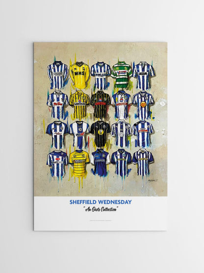 A limited edition A2 print of Sheffield Wednesday FC shirts signed by artist Terry Kneeshaw Art, featuring detailed football memorabilia artwork.