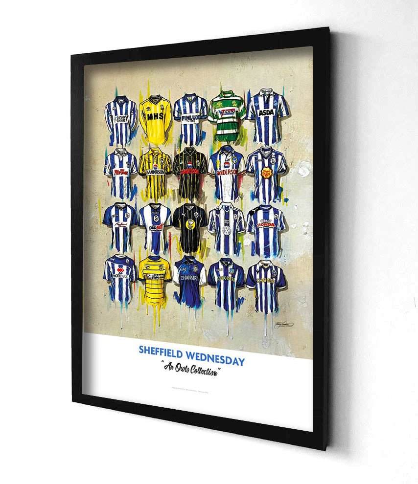 Limited edition A2 signed print of Sheffield Wednesday FC shirts by Terry Kneeshaw Art, featuring detailed football shirt artwork.