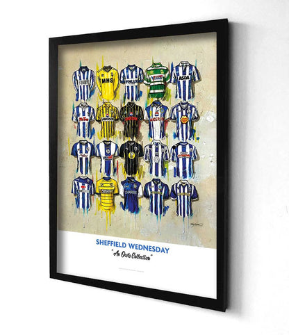 Limited edition A2 signed print of Sheffield Wednesday FC shirts by Terry Kneeshaw Art, featuring detailed football shirt artwork.