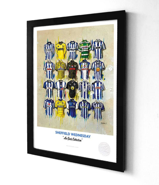 Limited edition A3 framed print of Sheffield Wednesday football shirt by Terry Kneeshaw Art, showcasing vintage team design.
