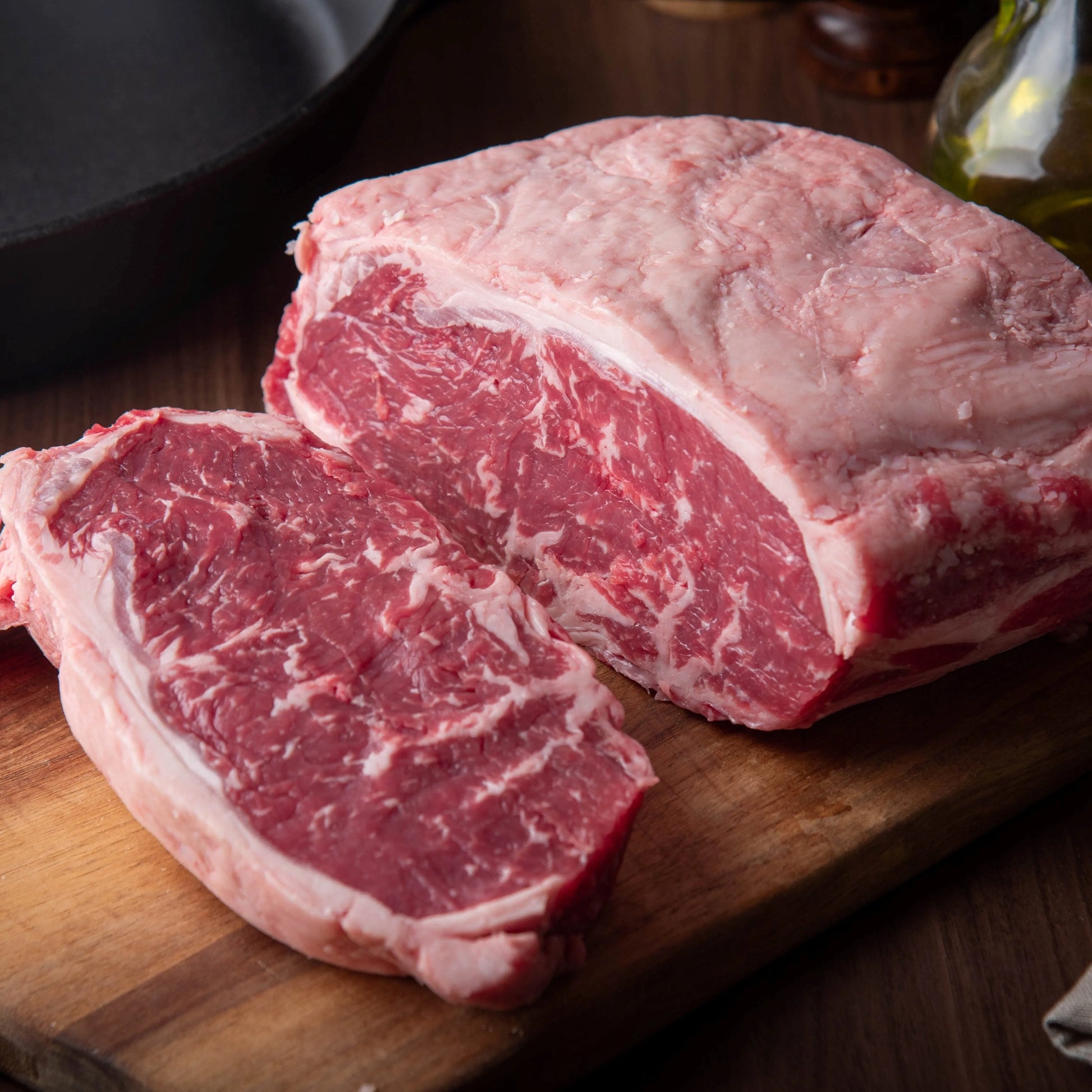 Beef sirloin joint from Primrose Herd, showing a fresh, raw beef cut with a marbled texture, ready for cooking or roasting.