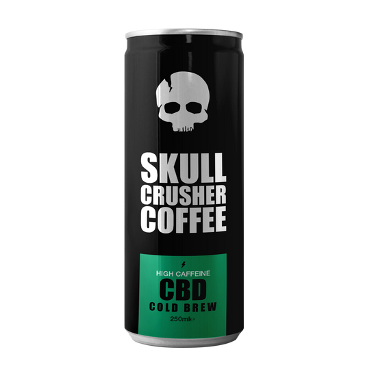 Six cans of Skull Crusher Coffee CBD-infused cold brew coffee, 250ml each, displayed in a row with branding labels visible.