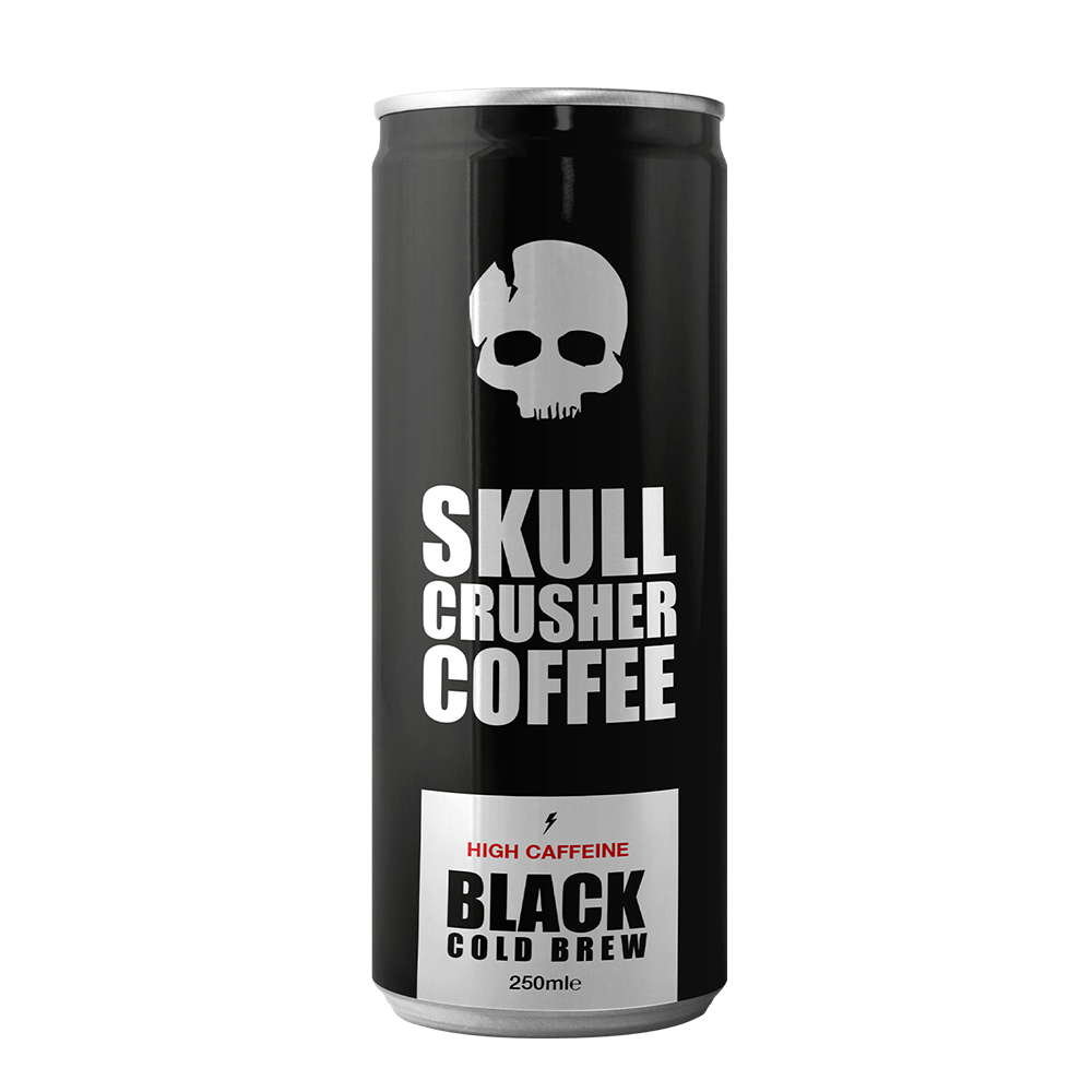 Six Skull Crusher Coffee Cold Brew Coffee cans, 250ml each, showcasing sleek black cans with bold branding.