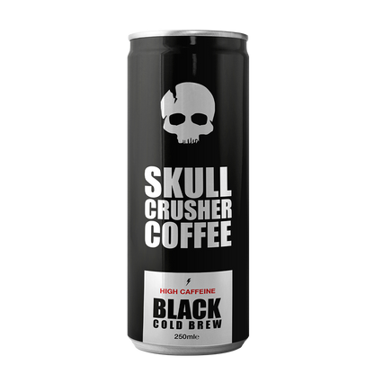 Six Skull Crusher Coffee Cold Brew Coffee cans, 250ml each, showcasing sleek black cans with bold branding.