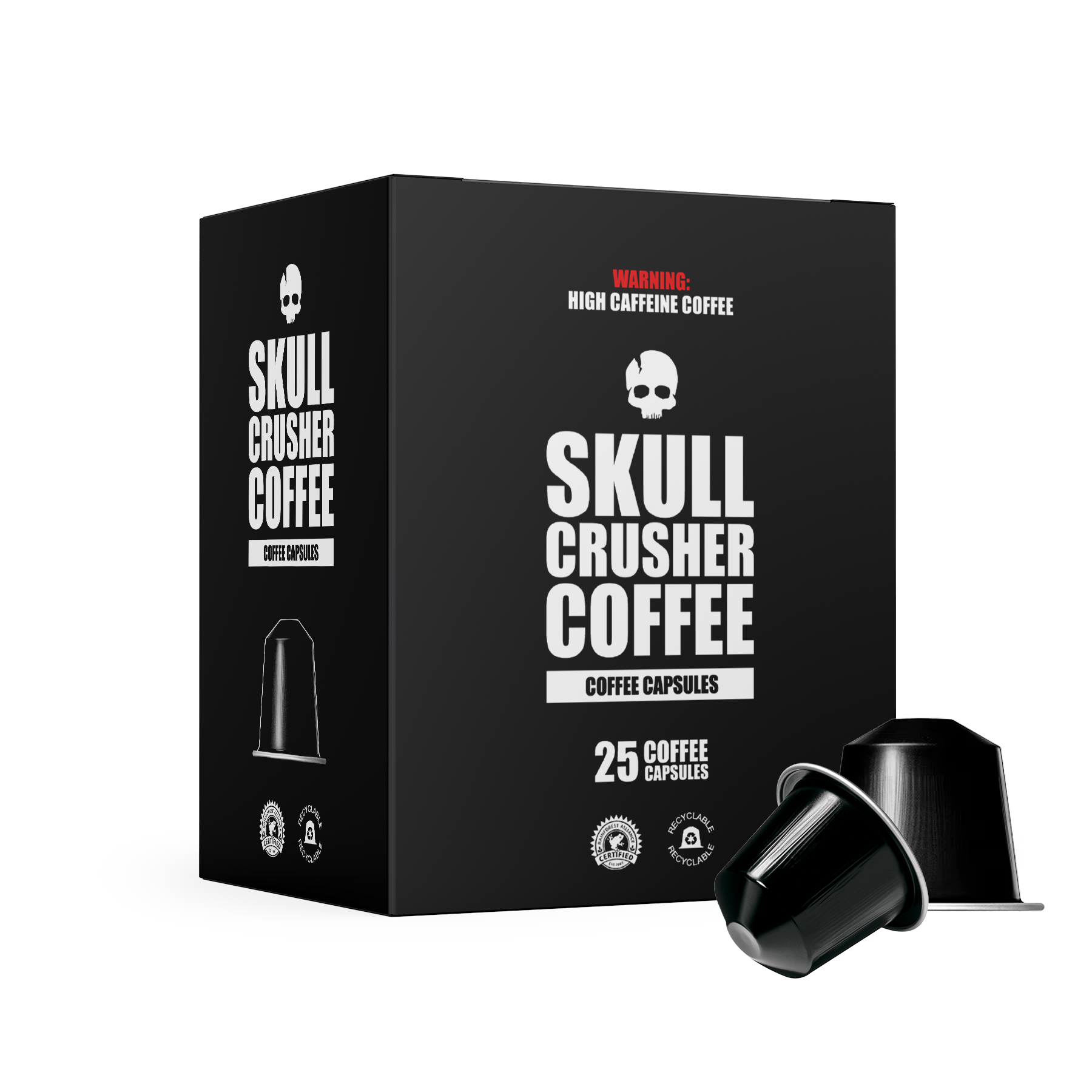 Nespresso® compatible Skull Crusher Coffee capsules shown in a row, featuring bold packaging with skull graphic design.